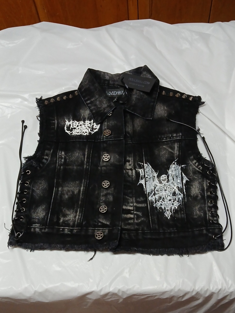 Dolls Kill Widow Distressed Gothic Denim Vest w Spikes + Lacing & Skeleton Print
